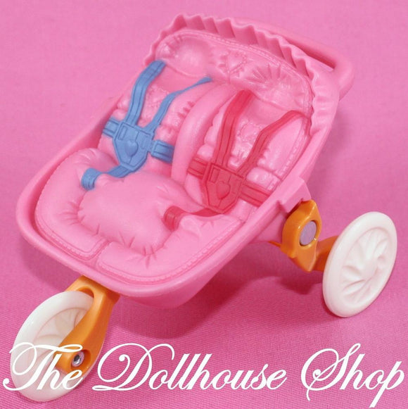 Fisher Price Loving Family Dollhouse Pink Jogger Twin Baby Doll Pram Stroller-Toys & Hobbies:Preschool Toys & Pretend Play:Fisher-Price:1963-Now:Dollhouses-Fisher-Price-Baby, Dollhouse, Fisher Price, Loving Family, Nursery Room, Pink, Used-The Dollhouse Shop
