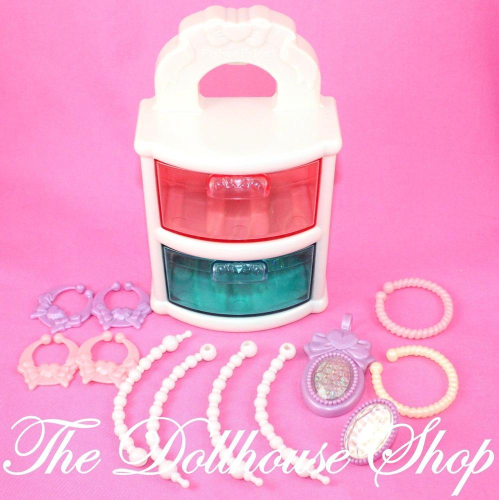 2001 Fisher Price Loving Family Little Girls Pretend Jewelry Box Playset-Toys & Hobbies:Preschool Toys & Pretend Play:Fisher-Price:1963-Now:Dollhouses-Fisher-Price-Dollhouse,Dream Dollhouse,Fisher Price,Loving Family,New,New Boxed Sets-Fisher Price Loving Family Jewelry Box play set for children ages 3 years and up. Sweet play Jewelry box with plastic play jewelry for the little person in your life. This set is not dollhouse furniture. You will receive a new boxed set still in the manufacturers packaging.-T