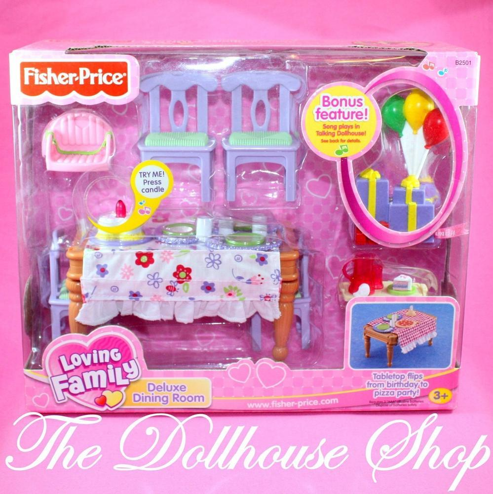 2003 Fisher Price Loving Family Sweet Sounds Dollhouse Deluxe Dining Room-Toys & Hobbies:Preschool Toys & Pretend Play:Fisher-Price:1963-Now:Dollhouses-Fisher-Price-Dining Room,Dollhouse,Fisher Price,Loving Family,New,New Boxed Sets,Sweet Sounds-Fisher Price Loving Family Deluxe Dining Room for Fisher price loving family Sweet Sounds Talking Dollhouse. Vintage New Boxed Set Two-sided table-top flips for a birthday party or a pizza party, with music and lights! Plays Happy Birthday and pizza party music. bal