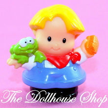 Fisher Price Little People Dollhouse Farmer Eddie with Frog Doll-Toys & Hobbies:Preschool Toys & Pretend Play:Fisher-Price:1963-Now:Little People (1997-Now)-Fisher-Price-Animals & Pets,Blonde Hair,Boy Dolls,Fisher Price,Little People,Used-Fisher Price Little People Dollhouse Blonde Farmer Eddie in blue overalls, perfect for ages 1-5. Gently used, fun for pretend play at The Dollhouse Shop.-The Dollhouse Shop