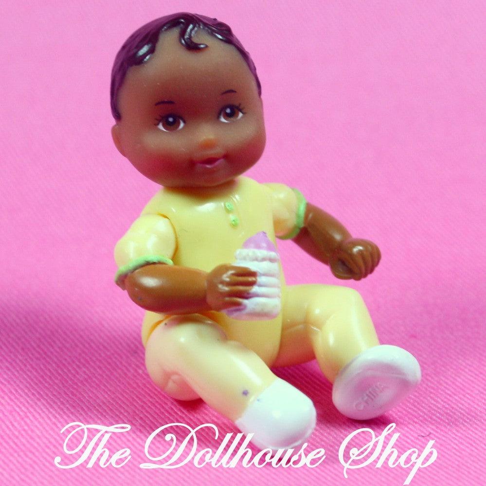 Fisher Price Loving Family African American Sweet Sounds Dollhouse Yellow Baby Doll-Toys & Hobbies:Preschool Toys & Pretend Play:Fisher-Price:1963-Now:Dollhouses-Fisher-Price-Baby,Dollhouse,Dolls,Fisher Price,Girl Dolls,Loving Family,Nursery Room,Sweet Sounds,Used,Yellow-Fisher Price Loving Family Sweet Sounds African American baby doll in yellow outfit with bottle. Perfect for dollhouses. Shop now at The Dollhouse Shop!-The Dollhouse Shop