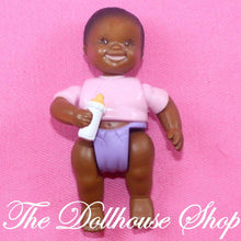 Fisher Price Loving Family Dollhouse African American Baby Girl Doll purple Pink-Toys & Hobbies:Preschool Toys & Pretend Play:Fisher-Price:1963-Now:Dollhouses-Fisher-Price-African American,Brown Hair,Dollhouse,Dollhouse Baby Doll,Dolls,Fisher Price,Girl Dolls,Loving Family,Twin Time,Twins,Used-Fisher Price Loving Family African American Baby Girl Doll with pink top and purple diaper. Perfect for dollhouse fun! Find it now at The Dollhouse Shop!-The Dollhouse Shop