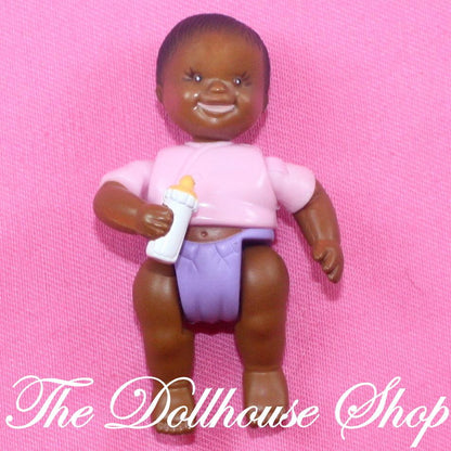 Fisher Price Loving Family Dollhouse African American Baby Girl Doll purple Pink-Toys & Hobbies:Preschool Toys & Pretend Play:Fisher-Price:1963-Now:Dollhouses-Fisher-Price-African American,Brown Hair,Dollhouse,Dollhouse Baby Doll,Dolls,Fisher Price,Girl Dolls,Loving Family,Twin Time,Twins,Used-Fisher Price Loving Family African American Baby Girl Doll with pink top and purple diaper. Perfect for dollhouse fun! Find it now at The Dollhouse Shop!-The Dollhouse Shop