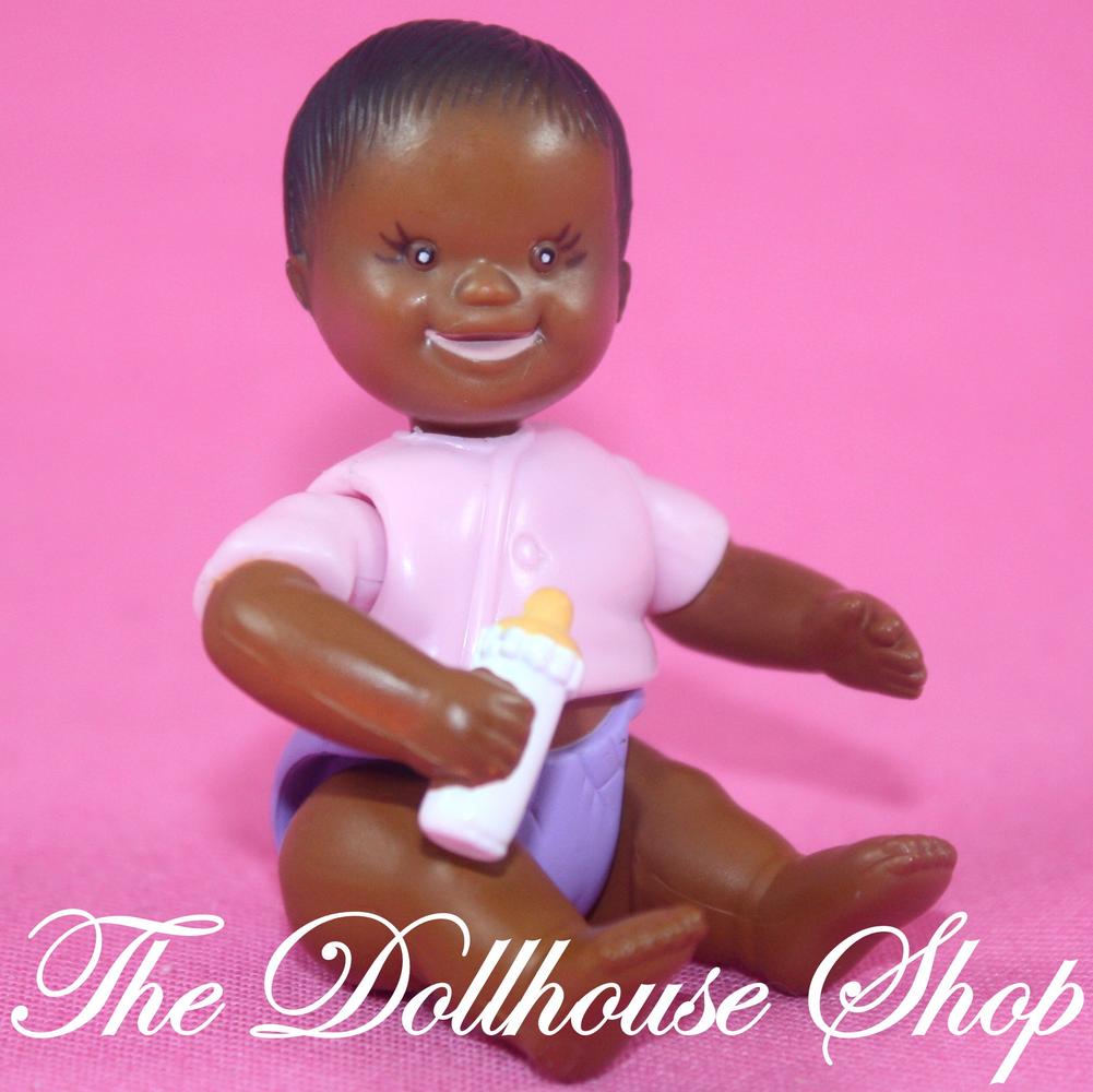 Fisher Price Loving Family Dollhouse African American Baby Girl Doll purple Pink-Toys & Hobbies:Preschool Toys & Pretend Play:Fisher-Price:1963-Now:Dollhouses-Fisher-Price-African American,Brown Hair,Dollhouse,Dollhouse Baby Doll,Dolls,Fisher Price,Girl Dolls,Loving Family,Twin Time,Twins,Used-The Dollhouse Shop