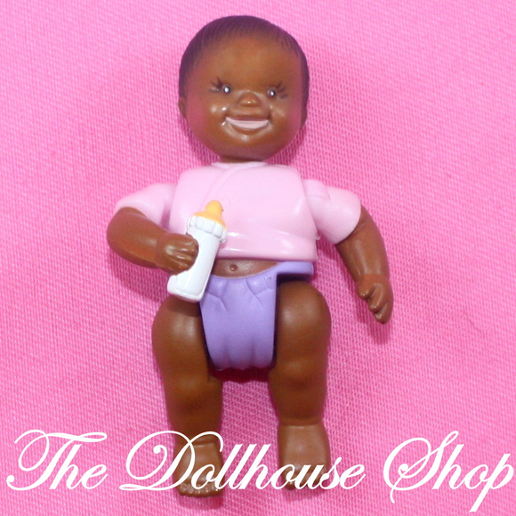 Fisher Price Loving Family Dollhouse African American Baby Girl Doll purple Pink-Toys & Hobbies:Preschool Toys & Pretend Play:Fisher-Price:1963-Now:Dollhouses-Fisher-Price-African American,Baby,Brown Hair,Dollhouse,Dolls,Fisher Price,Girl Dolls,Loving Family,Twin Time,Twins,Used-The Dollhouse Shop
