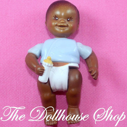 Fisher Price Loving Family Dollhouse African American Blue Baby Boy Doll-Toys & Hobbies:Preschool Toys & Pretend Play:Fisher-Price:1963-Now:Dollhouses-Fisher-Price-African American,Baby,Boy Dolls,Brown Hair,Dollhouse,Dolls,Fisher Price,Loving Family,Twin Time,Twins,Used-Fisher Price Loving Family African American Baby Boy Doll with blue top and bottle. Perfect for dollhouse play! Find it now at The Dollhouse Shop!-The Dollhouse Shop