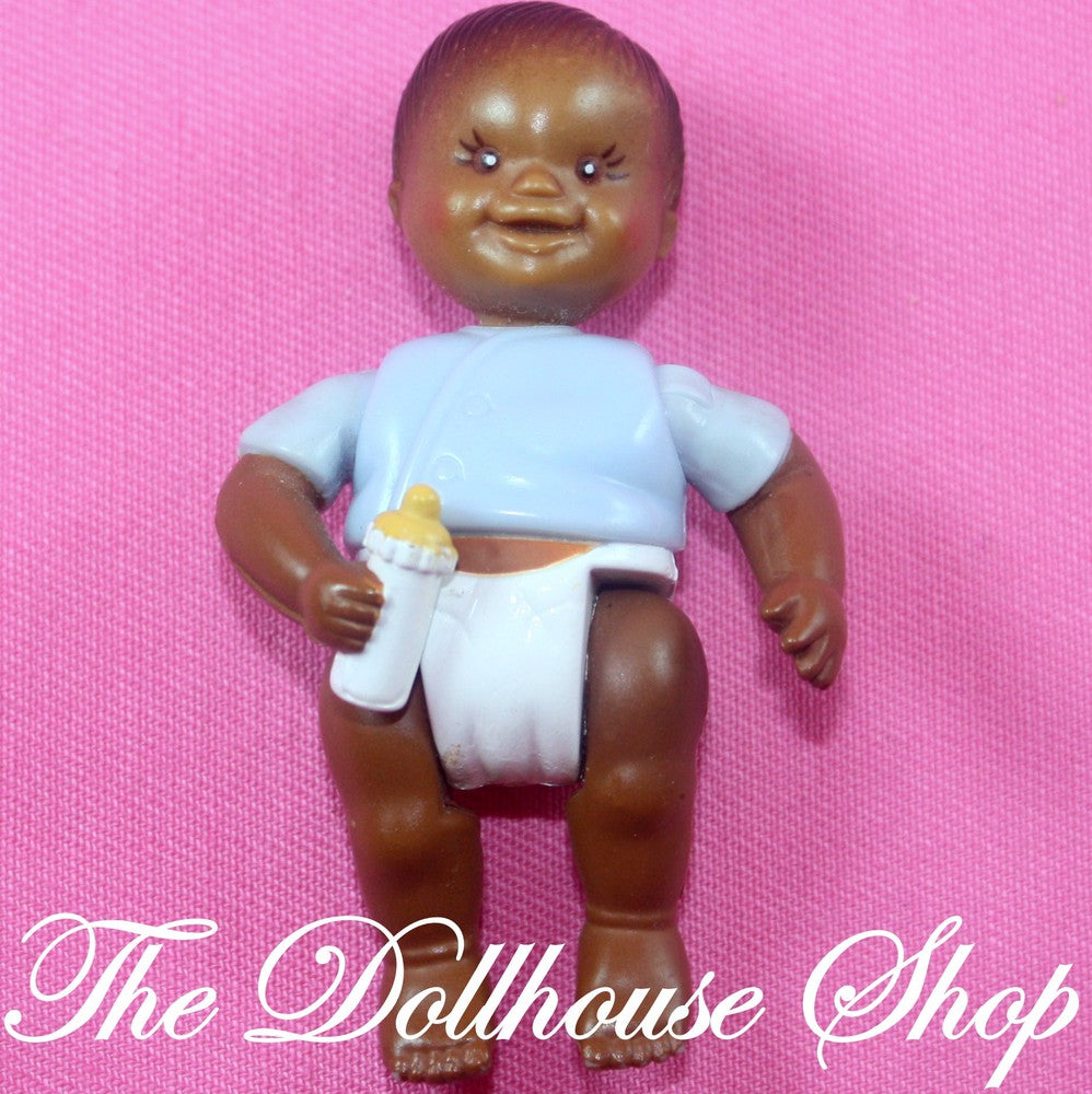 Fisher Price Loving Family Dollhouse African American Blue Baby Boy Doll-Toys & Hobbies:Preschool Toys & Pretend Play:Fisher-Price:1963-Now:Dollhouses-Fisher-Price-African American,Baby,Boy Dolls,Brown Hair,Dollhouse,Dolls,Fisher Price,Loving Family,Twin Time,Twins,Used-Fisher Price Loving Family Dollhouse African American baby boy Twin doll with blue top, white diaper and bottle. Gently used, pre-owned condition Poseable dollhouse people for imaginative play Perfect for Fisher Price Loving Family Dollhouse