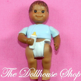 Fisher Price Loving Family Dollhouse African American Blue Baby Boy Doll-Toys & Hobbies:Preschool Toys & Pretend Play:Fisher-Price:1963-Now:Dollhouses-Fisher-Price-African American,Baby,Boy Dolls,Brown Hair,Dollhouse,Dolls,Fisher Price,Loving Family,Twin Time,Twins,Used-Fisher Price Loving Family Dollhouse African American baby boy Twin doll with blue top, white diaper and bottle. Gently used, pre-owned condition Poseable dollhouse people for imaginative play Perfect for Fisher Price Loving Family Dollhouse