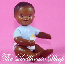 Fisher Price Loving Family Dollhouse African American Blue Baby Boy Doll-Toys & Hobbies:Preschool Toys & Pretend Play:Fisher-Price:1963-Now:Dollhouses-Fisher-Price-African American,Baby,Boy Dolls,Brown Hair,Dollhouse,Dolls,Fisher Price,Loving Family,Twin Time,Twins,Used-Fisher Price Loving Family African American Baby Boy Doll with blue top and bottle. Perfect for dollhouse play! Find it now at The Dollhouse Shop!-The Dollhouse Shop