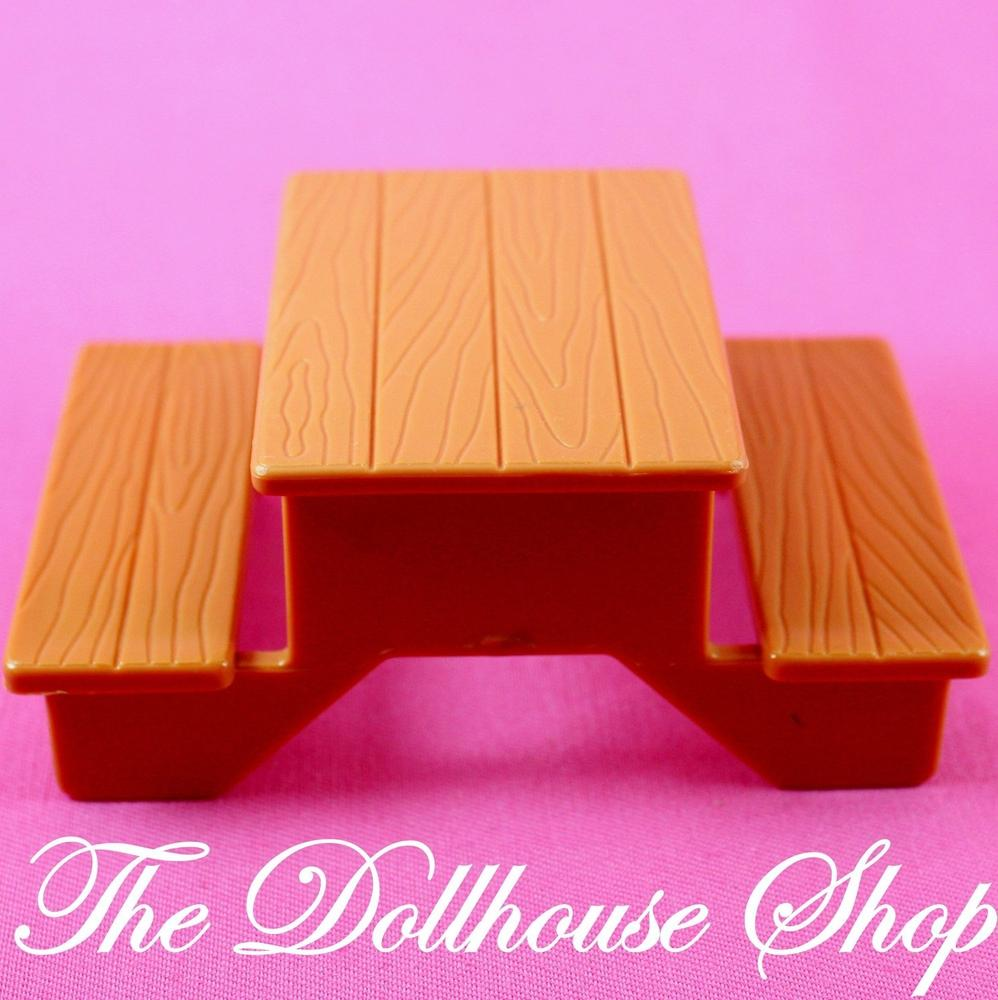 Fisher Price Loving Family Dollhouse Backyard Brown Picnic Table Bench Seat-Toys & Hobbies:Preschool Toys & Pretend Play:Fisher-Price:1963-Now:Dollhouses-Fisher-Price-Backyard Fun,Brown,Camping Sets,Dollhouse,Fisher Price,Loving Family,Outdoor Furniture,Sweet Sounds,Tables,Used-The Dollhouse Shop