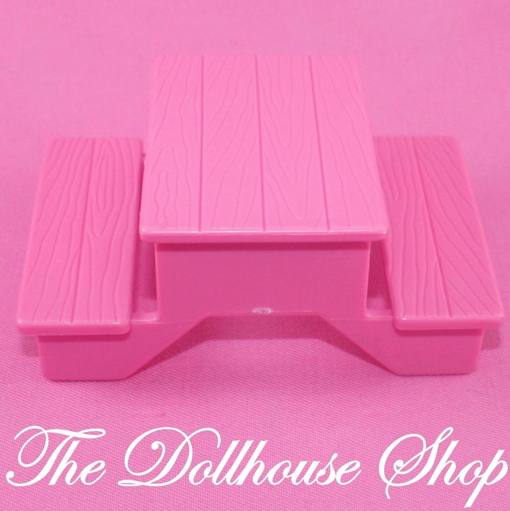 Fisher Price Loving Family Dollhouse Backyard Pink Picnic Table Bench Seat-Toys & Hobbies:Preschool Toys & Pretend Play:Fisher-Price:1963-Now:Dollhouses-Fisher-Price-Backyard Fun,Camping Sets,Dollhouse,Fisher Price,Loving Family,Outdoor Furniture,Pink,Tables,Used-The Dollhouse Shop