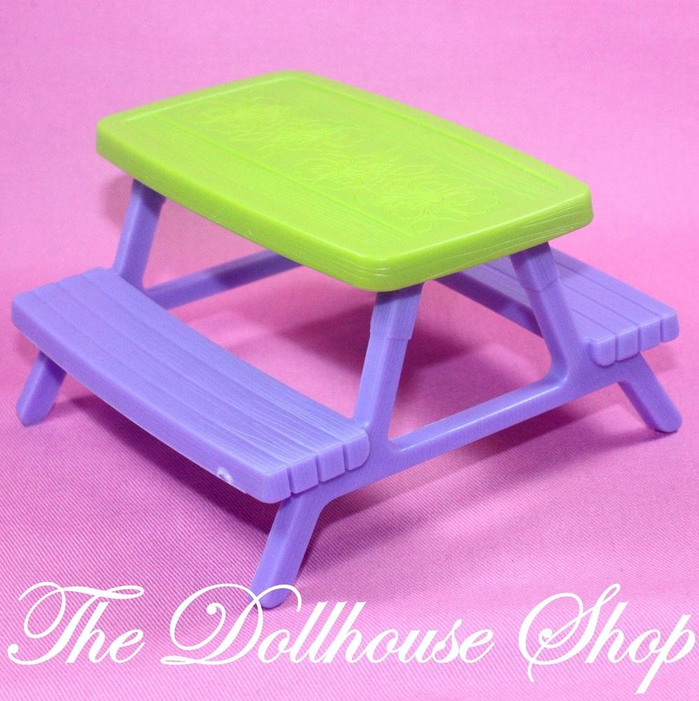 Fisher Price Loving Family Dollhouse Backyard Purple Green Picnic Table-Toys & Hobbies:Preschool Toys & Pretend Play:Fisher-Price:1963-Now:Dollhouses-Fisher-Price-Backyard Fun,Beach and Boat Sets,Camping Sets,Dollhouse,Fisher Price,Green,Loving Family,Outdoor Furniture,Purple,Tables,Used-The Dollhouse Shop