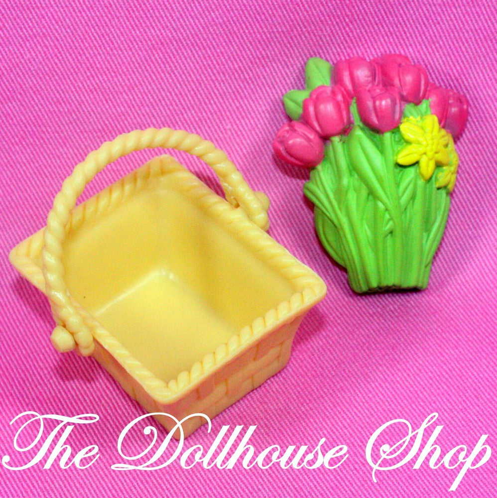 Fisher Price Loving Family Dollhouse Basket with Tulips Flowers-Toys & Hobbies:Preschool Toys & Pretend Play:Fisher-Price:1963-Now:Dollhouses-Fisher-Price-Camping Sets,Dollhouse,Fisher Price,Loving Family,Plants and Vases,Used-The Dollhouse Shop