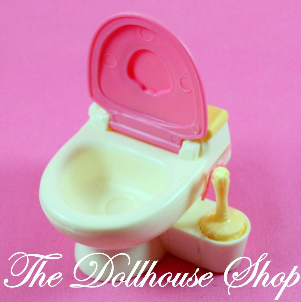Fisher Price Loving Family Dollhouse Bathroom Pink White Doll Toilet w/ Brush-Toys & Hobbies:Preschool Toys & Pretend Play:Fisher-Price:1963-Now:Dollhouses-Fisher-Price-Bathroom,Dollhouse,Fisher Price,Loving Family,Used-The Dollhouse Shop