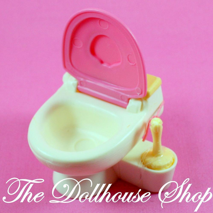 Fisher Price Loving Family Dollhouse Bathroom Pink White Doll Toilet w/ Brush-Toys & Hobbies:Preschool Toys & Pretend Play:Fisher-Price:1963-Now:Dollhouses-Fisher-Price-Bathroom,Dollhouse,Fisher Price,Loving Family,Used-The Dollhouse Shop