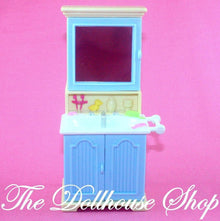 Fisher Price Loving Family Dollhouse Bathroom Vanity Sink with mirror-Toys & Hobbies:Preschool Toys & Pretend Play:Fisher-Price:1963-Now:Dollhouses-Fisher-Price-Bathroom,Bathroom & Laundry Room,Blue,Dollhouse,Fisher Price,Home for the Holidays Dollhouse,Loving Family,Used-Fisher Price Loving Family Dollhouse Bathroom Vanity with mirror and storage. Perfect for playtime fun! Find it now at The Dollhouse Shop!-The Dollhouse Shop