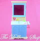 Fisher Price Loving Family Dollhouse Bathroom Vanity Sink with mirror-Toys & Hobbies:Preschool Toys & Pretend Play:Fisher-Price:1963-Now:Dollhouses-Fisher-Price-Bathroom,Blue,Dollhouse,Fisher Price,Home for the Holidays Dollhouse,Loving Family,Used-The Dollhouse Shop