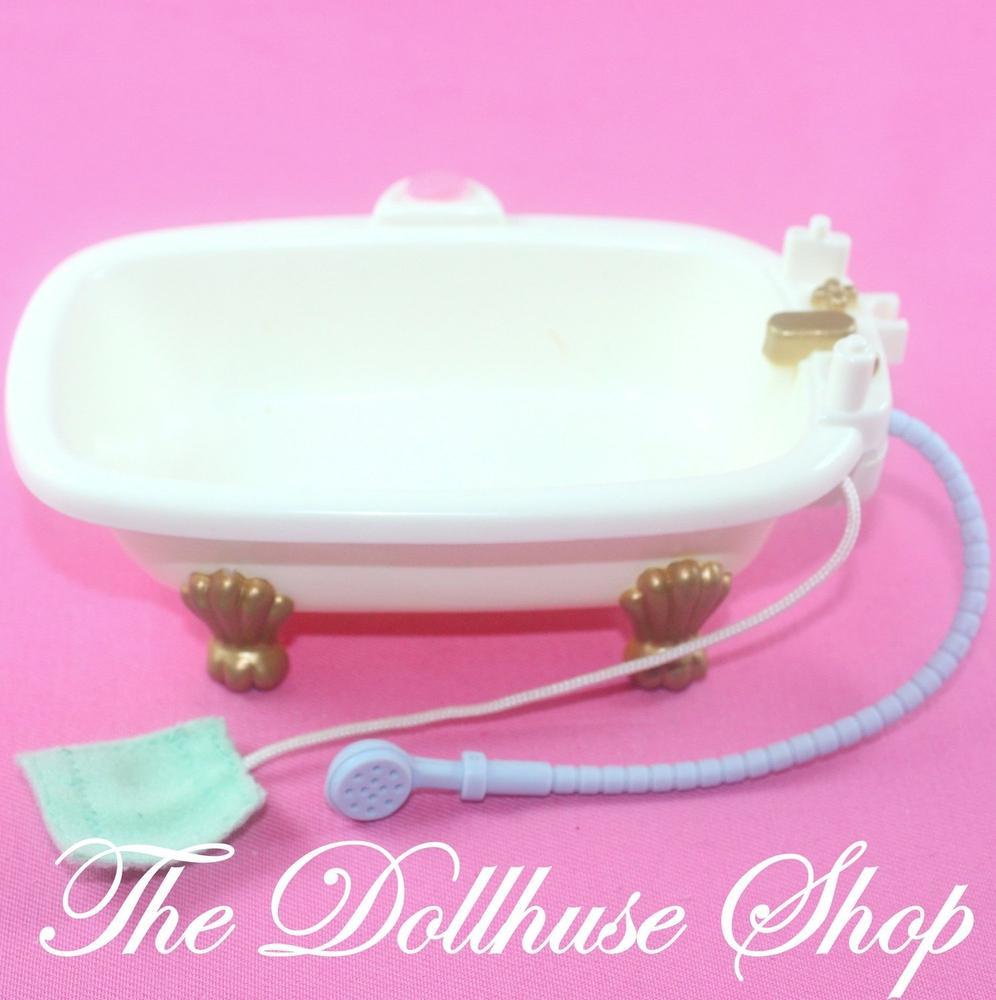 Fisher Price Loving Family Dollhouse Blue White Claw Foot Bath Tub Bathroom-Toys & Hobbies:Preschool Toys & Pretend Play:Fisher-Price:1963-Now:Dollhouses-Fisher-Price-Bathroom,Bathroom & Laundry Room,Dollhouse,Fisher Price,Loving Family,Used,White-Fisher Price Loving Family Dollhouse claw foot tub with shower and washcloth. Perfect for pretend play! Find it now at The Dollhouse Shop!-The Dollhouse Shop