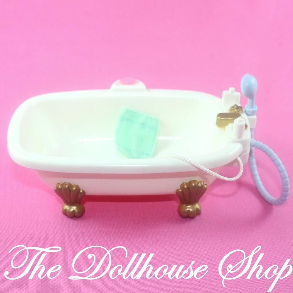Fisher Price Loving Family Dollhouse Blue White Claw Foot Bath Tub Bathroom-Toys & Hobbies:Preschool Toys & Pretend Play:Fisher-Price:1963-Now:Dollhouses-Fisher-Price-Bathroom,Bathroom & Laundry Room,Dollhouse,Fisher Price,Loving Family,Used,White-Fisher Price Loving Family Dollhouse claw foot tub with shower and washcloth. Perfect for pretend play! Find it now at The Dollhouse Shop!-The Dollhouse Shop
