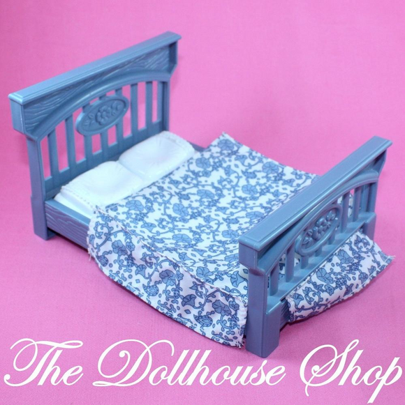 Fisher Price Loving Family Dollhouse Blue White Floral Parents Bed-Toys & Hobbies:Preschool Toys & Pretend Play:Fisher-Price:1963-Now:Dollhouses-Fisher-Price-Bedroom,Blue,Dollhouse,Dream Dollhouse,Fisher Price,Loving Family,Parents Bedroom,Used-The Dollhouse Shop