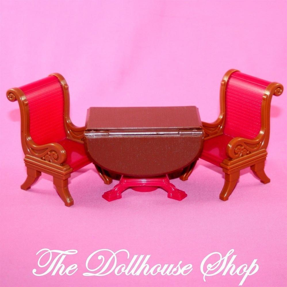 Fisher Price Loving Family Dollhouse Brown Dining Room Table 2 Red Chairs-Toys & Hobbies:Preschool Toys & Pretend Play:Fisher-Price:1963-Now:Dollhouses-Fisher-Price-Chairs,Dining Room,Dollhouse,Fisher Price,Kitchen,Loving Family,Tables,Used-Fisher Price Loving Family Dollhouse Brown Dining Table with 2 red chairs. Space-saving sides, perfect for play! Find it now at The Dollhouse Shop!-The Dollhouse Shop