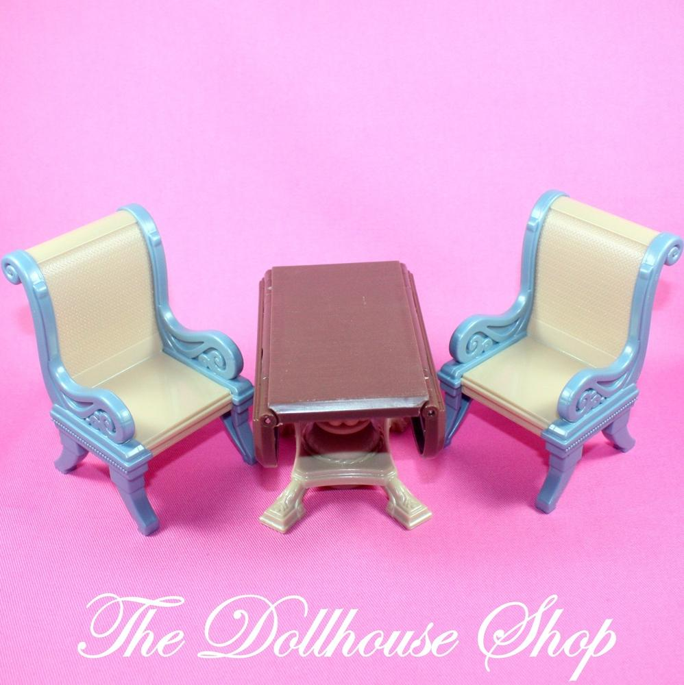 Fisher Price Loving Family Dollhouse Brown Table 2 Gray Tan Chairs Dining Room-Toys & Hobbies:Preschool Toys & Pretend Play:Fisher-Price:1963-Now:Dollhouses-Fisher-Price-Brown,Chairs,Dining Room,Dollhouse,Fisher Price,Living Room,Loving Family,Tables,Used-The Dollhouse Shop