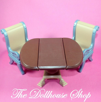 Fisher Price Loving Family Dollhouse Brown Table 2 Gray Tan Chairs Dining Room-Toys & Hobbies:Preschool Toys & Pretend Play:Fisher-Price:1963-Now:Dollhouses-Fisher-Price-Brown,Chairs,Dining Room,Dollhouse,Fisher Price,Living Room,Loving Family,Tables,Used-The Dollhouse Shop