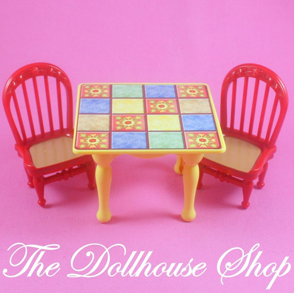 Fisher Price Loving Family Dollhouse Dining Room Table 2 Red Chairs-Toys & Hobbies:Preschool Toys & Pretend Play:Fisher-Price:1963-Now:Dollhouses-Fisher-Price-Dining Room,Dollhouse,Fisher Price,Loving Family,Tables,Used-The Dollhouse Shop