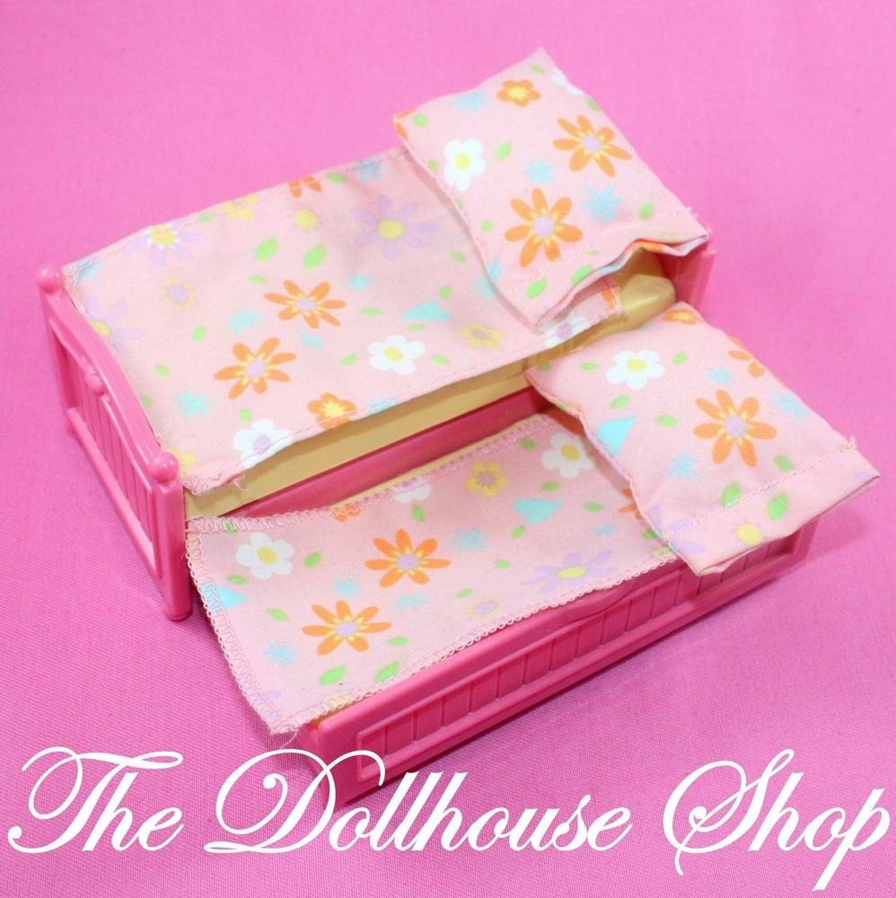 Fisher Price Loving Family Dollhouse Kids Bedroom Pink Twin Trundle Bed 2 Pillows-Toys & Hobbies:Preschool Toys & Pretend Play:Fisher-Price:1963-Now:Dollhouses-Fisher-Price-Bedroom,Dollhouse,Fisher Price,Kids Bedroom,Loving Family,Used-The Dollhouse Shop