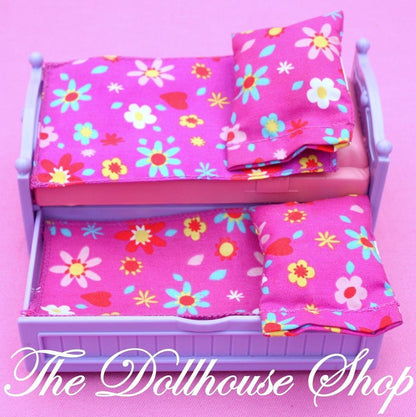 Fisher Price Loving Family Dollhouse Kids Trundle Bed Pink Purple Bedroom-Toys & Hobbies:Preschool Toys & Pretend Play:Fisher-Price:1963-Now:Dollhouses-Fisher-Price-Bedroom,Dollhouse,Fisher Price,Kids Bedroom,Loving Family,Purple,Used-Fisher Price Loving Family Dollhouse twin purple trundle bed with pillows and blankets. Perfect for kids’ playtime at The Dollhouse Shop!-The Dollhouse Shop