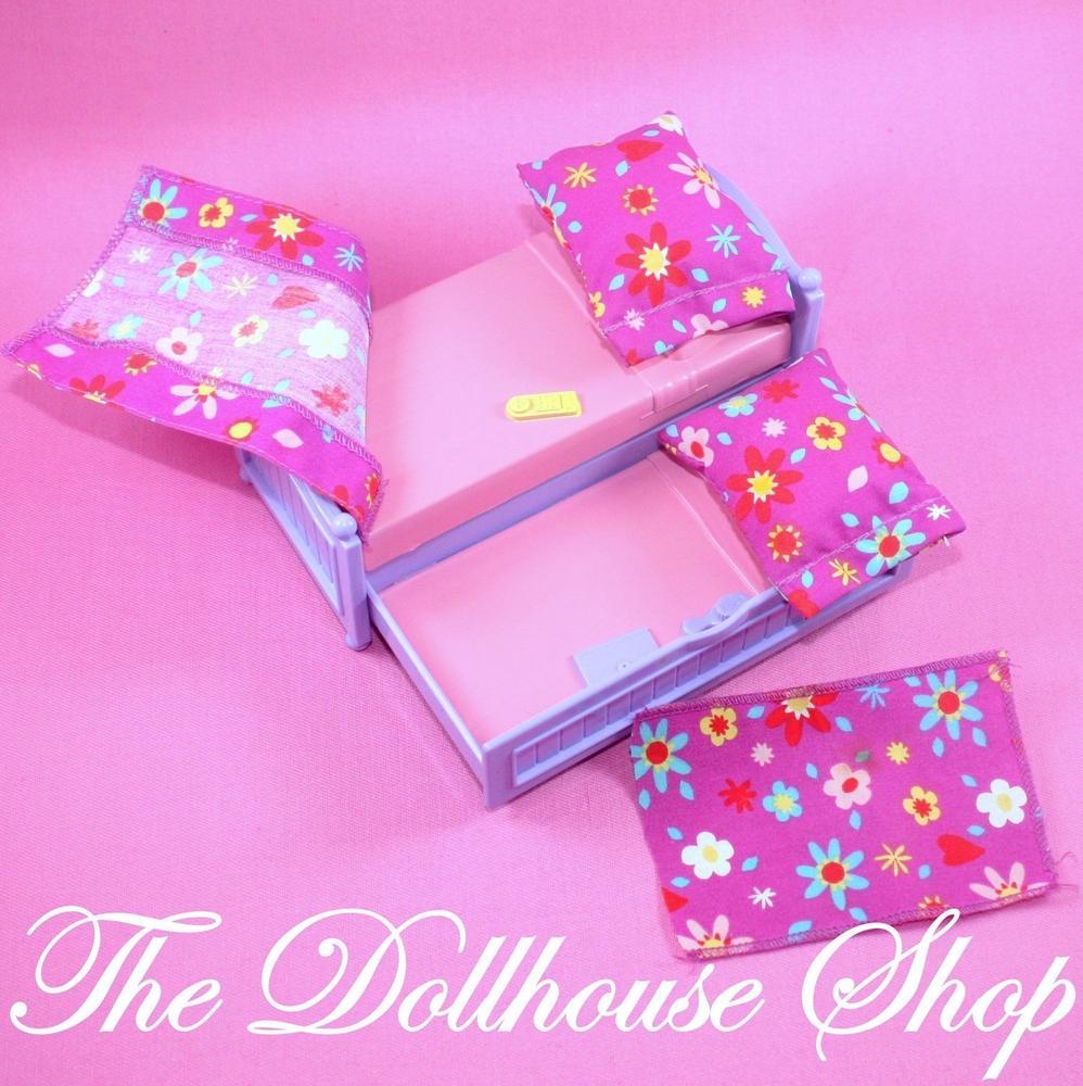 Fisher Price Loving Family Dollhouse Kids Trundle Bed Pink Purple Bedroom-Toys & Hobbies:Preschool Toys & Pretend Play:Fisher-Price:1963-Now:Dollhouses-Fisher-Price-Bedroom,Dollhouse,Fisher Price,Kids Bedroom,Loving Family,Purple,Used-Fisher Price Loving Family Dollhouse twin purple trundle bed with pillows and blankets. Perfect for kids’ playtime at The Dollhouse Shop!-The Dollhouse Shop