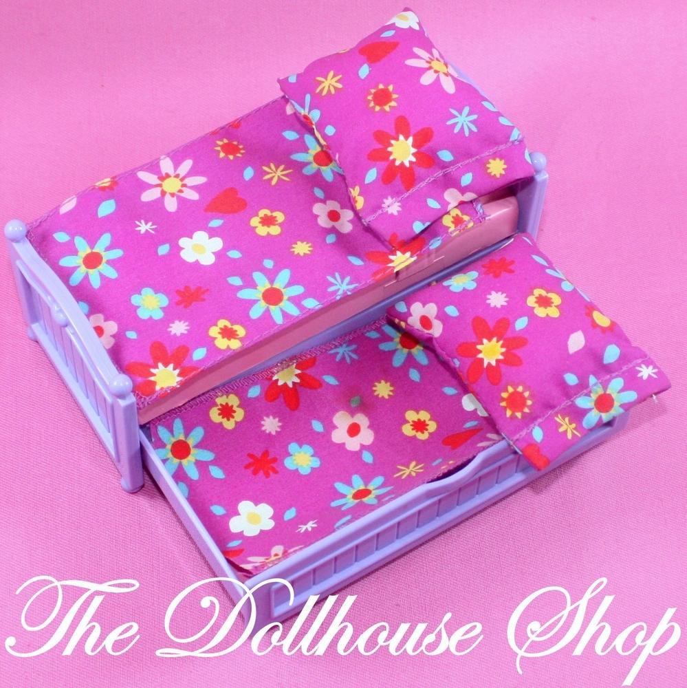 Fisher Price Loving Family Dollhouse Kids Trundle Bed Pink Purple Bedroom-Toys & Hobbies:Preschool Toys & Pretend Play:Fisher-Price:1963-Now:Dollhouses-Fisher-Price-Bedroom,Dollhouse,Fisher Price,Kids Bedroom,Loving Family,Purple,Used-Fisher Price Loving Family Dollhouse twin purple trundle bed with pillows and blankets. Perfect for kids’ playtime at The Dollhouse Shop!-The Dollhouse Shop