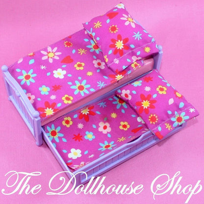 Fisher Price Loving Family Dollhouse Kids Trundle Bed Pink Purple Bedroom-Toys & Hobbies:Preschool Toys & Pretend Play:Fisher-Price:1963-Now:Dollhouses-Fisher-Price-Bedroom,Dollhouse,Fisher Price,Kids Bedroom,Loving Family,Purple,Used-Fisher Price Loving Family Dollhouse twin purple trundle bed with pillows and blankets. Perfect for kids’ playtime at The Dollhouse Shop!-The Dollhouse Shop