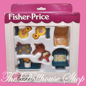 Fisher Price Loving Family Dollhouse Kitchen Cooking Fun Food Set-Toys & Hobbies:Preschool Toys & Pretend Play:Fisher-Price:1963-Now:Dollhouses-Fisher-Price-Dollhouse,Fisher Price,Food Accessories,Kitchen,Loving Family,New,New Boxed Sets-Dollhouse families are sure to cook up fun with all these "delicious" accessories! Breakfast, lunch, snack, food pieces. Includes chocolate chip cookie tray, 2 pizza plates, boxed pizza. eggs in a frying pan, mixer & toaster, wall shelf. Vintage New in Box for Fisher Price 