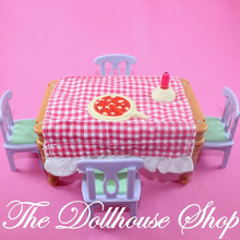Fisher Price Loving Family Dollhouse Musical Celebrations Dining Table 4 chairs-Toys & Hobbies:Preschool Toys & Pretend Play:Fisher-Price:1963-Now:Dollhouses-Fisher-Price-Birthday Party Set,Dining Room,Dollhouse,Fisher Price,Kitchen,Loving Family,Sweet Sounds,table,Tables,Used-This table has a Birthday Party theme or it can be reversed / flipped over to be used for a Pizza Party Celebration. The center candle lights up and the table plays 2 different songs including Happy Birthday. Batteries required (Not I