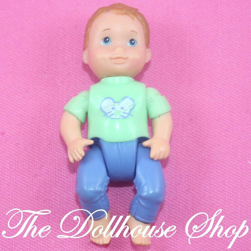 Fisher Price Loving Family Dollhouse Nursery Green top Baby Boy Doll-Toys & Hobbies:Preschool Toys & Pretend Play:Fisher-Price:1963-Now:Dollhouses-Fisher-Price-Baby,Dollhouse,Dolls,Fisher Price,Loving Family,Nursery Room,Used-Fisher Price Loving Family Dollhouse baby boy doll in blue, perfect for creative play. Find this rare doll at The Dollhouse Shop today!-The Dollhouse Shop