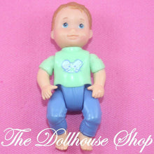 Fisher Price Loving Family Dollhouse Nursery Green top Baby Boy Doll-Toys & Hobbies:Preschool Toys & Pretend Play:Fisher-Price:1963-Now:Dollhouses-Fisher-Price-Baby,Dollhouse,Dolls,Fisher Price,Loving Family,Nursery Room,Used-Fisher Price Loving Family Dollhouse baby boy doll in blue, perfect for creative play. Find this rare doll at The Dollhouse Shop today!-The Dollhouse Shop