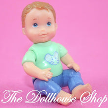 Fisher Price Loving Family Dollhouse Nursery Green top Baby Boy Doll-Toys & Hobbies:Preschool Toys & Pretend Play:Fisher-Price:1963-Now:Dollhouses-Fisher-Price-Baby,Dollhouse,Dolls,Fisher Price,Loving Family,Nursery Room,Used-Fisher Price Loving Family Dollhouse baby boy doll in blue, perfect for creative play. Find this rare doll at The Dollhouse Shop today!-The Dollhouse Shop