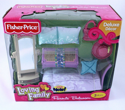 Fisher Price Loving Family Dollhouse Parents Bedroom Bed Mirror Pillows-Toys & Hobbies:Preschool Toys & Pretend Play:Fisher-Price:1963-Now:Dollhouses-Fisher-Price-Bedroom,Doll Dress Ups,Dollhouse,Fisher Price,Loving Family,New,New Boxed Sets,Parents Bedroom,Pillows-The Dollhouse Shop