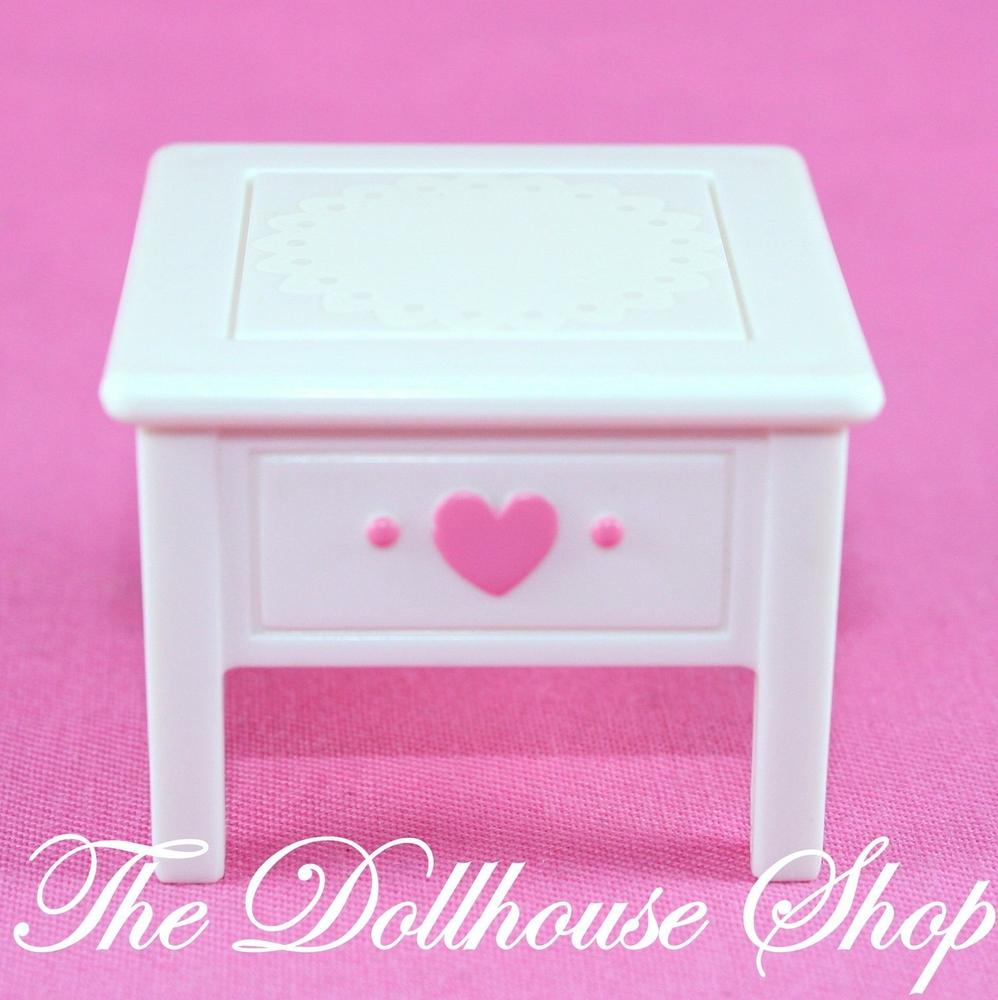 Fisher Price Loving Family Dollhouse Parents Bedroom White Bed side End Table-Toys & Hobbies:Preschool Toys & Pretend Play:Fisher-Price:1963-Now:Dollhouses-Fisher-Price-Bedroom,Dollhouse,Fisher Price,Loving Family,Parents Bedroom,Sweet sounds,Tables,Used,White-The Dollhouse Shop