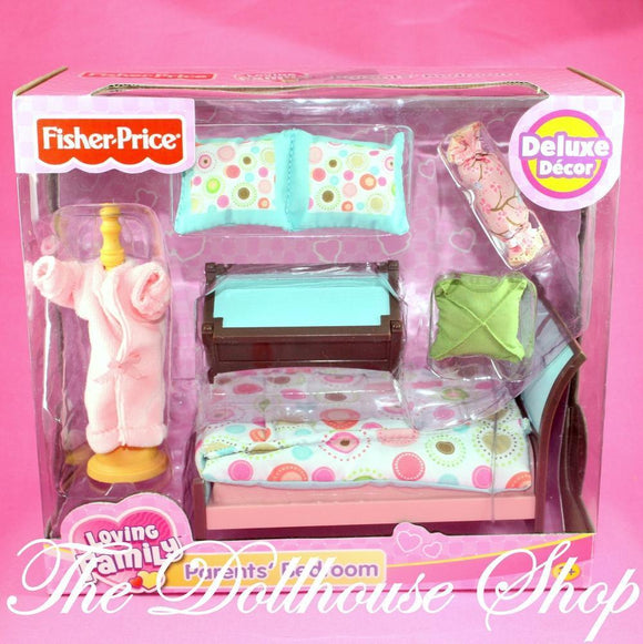 Fisher Price Loving Family Dollhouse Parents Deluxe Bedroom Furniture-Toys & Hobbies:Preschool Toys & Pretend Play:Fisher-Price:1963-Now:Dollhouses-Fisher-Price-Bedroom, Dollhouse, Fisher Price, Loving Family, New, New Boxed Sets, Parents Bedroom-Fisher Price Loving Family Dollhouse furniture accessories Parents Deluxe Bedroom set includes a full size bed with sheet attached, coat tree with mom's robe, blanket box, throw pillow, decorative bed pillow & double pillow. Vintage New Boxed Set for Fisher Price L