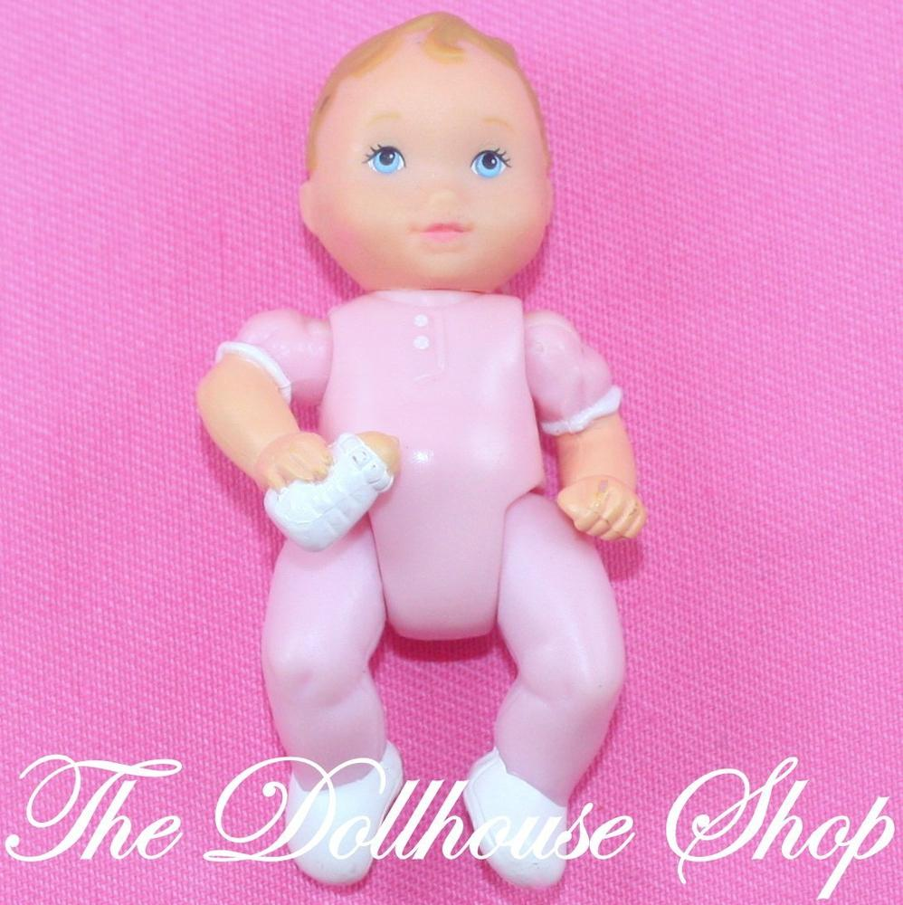 Fisher Price Loving Family Dollhouse Pink Baby Girl Doll Bottle White Socks-Toys & Hobbies:Preschool Toys & Pretend Play:Fisher-Price:1963-Now:Dollhouses-Fisher-Price-Baby,Dollhouse,Dolls,Fisher Price,Girl Dolls,Loving Family,Nursery Room,Pink,Used-The Dollhouse Shop