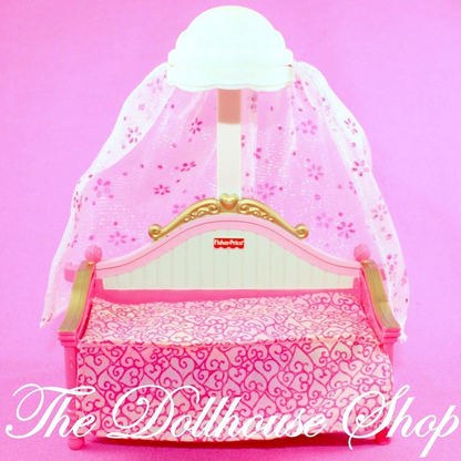 Fisher Price Loving Family Dollhouse Pink Canopy Dolls Bed Kids Bedroom-Toys & Hobbies:Preschool Toys & Pretend Play:Fisher-Price:1963-Now:Dollhouses-Fisher-Price-Bedroom,Dollhouse,Fisher Price,Kids Bedroom,Loving Family,Pink,Used-The Dollhouse Shop