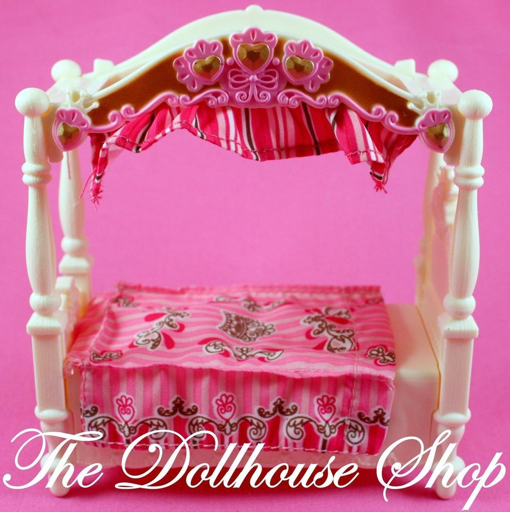 Fisher Price Loving Family Dollhouse Pink doll Canopy Twin Bed Kids Bedroom-Toys & Hobbies:Preschool Toys & Pretend Play:Fisher-Price:1963-Now:Dollhouses-Fisher-Price-Bedroom,Dollhouse,Fisher Price,Kids Bedroom,Loving Family,Pink,Used-Fisher Price Loving Family Dollhouse twin canopy bed with pink floral sheet, perfect for playtime fun! Find it now at The Dollhouse Shop!-The Dollhouse Shop