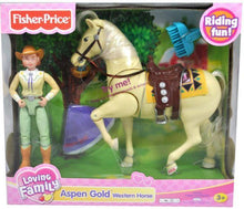 Fisher Price Loving Family Dollhouse Western Horse Pony Aspen Gold-Toys & Hobbies:Preschool Toys & Pretend Play:Fisher-Price:1963-Now:Dollhouses-Fisher-Price-Animal & Pet Accessories,Animals & Pets,Dollhouse,Fisher Price,Horses & Stables,Loving Family,New,New Boxed Sets-Fisher Price Loving Family Dollhouse Western Horse Aspen Gold loves trail rides and fun! Find this playful pony at The Dollhouse Shop today!-The Dollhouse Shop