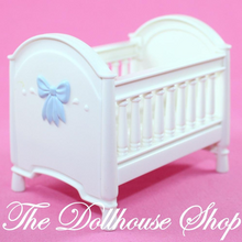 Fisher Price Loving Family Dollhouse White Baby Boy Nursery Crib blue bow-Toys & Hobbies:Preschool Toys & Pretend Play:Fisher-Price:1963-Now:Dollhouses-Fisher-Price-Cribs & Cradles,Dollhouse,Fisher Price,Loving Family,Nursery Room,Used-The Dollhouse Shop