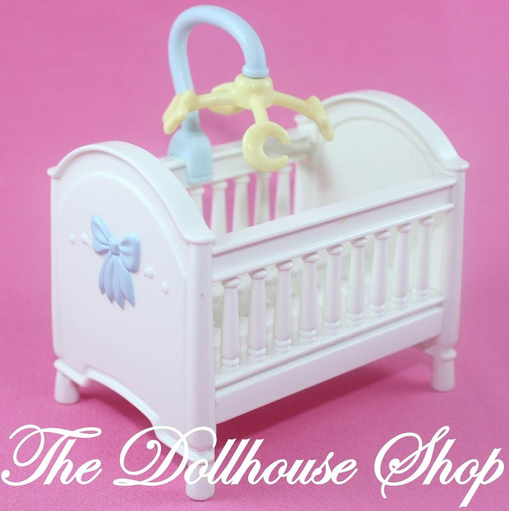 Fisher Price Loving Family Dollhouse White Baby Boy Nursery Crib blue mobile-Toys & Hobbies:Preschool Toys & Pretend Play:Fisher-Price:1963-Now:Dollhouses-Fisher-Price-Cribs & Cradles,Dollhouse,Fisher Price,Loving Family,Nursery Room,Used-The Dollhouse Shop