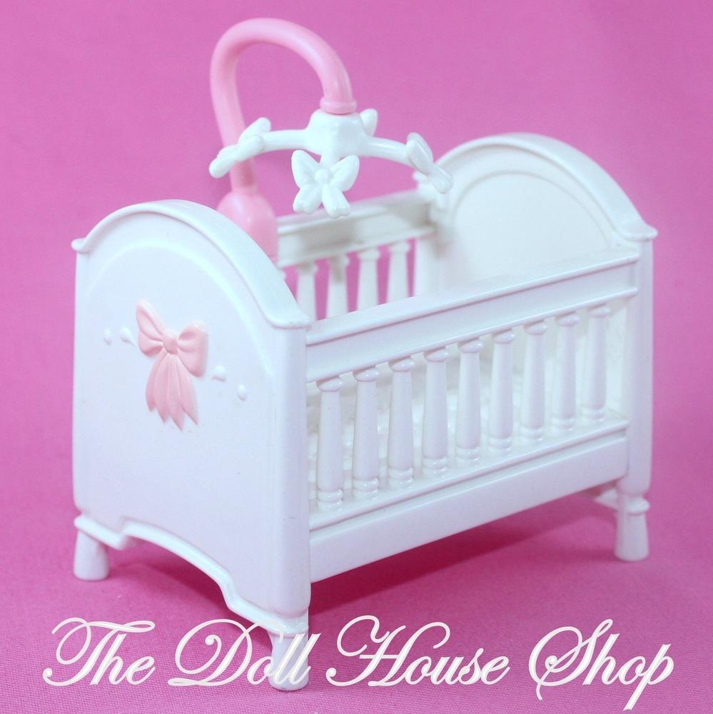Fisher Price Loving Family Dollhouse White Baby Girl Nursery Crib pink mobile-Toys & Hobbies:Preschool Toys & Pretend Play:Fisher-Price:1963-Now:Dollhouses-Fisher-Price-Cribs & Cradles,Dollhouse,Fisher Price,Loving Family,Nursery Room,Used-Fisher Price Loving Family Dollhouse white crib with pink mobile fits 2-inch dolls. Perfect for playtime fun! Shop now at The Dollhouse Shop!-The Dollhouse Shop