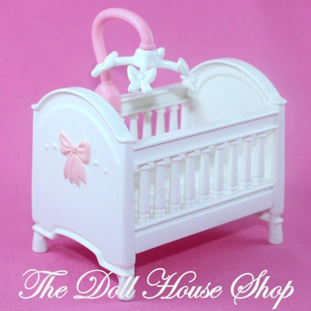 Fisher Price Loving Family Dollhouse White Baby Girl Nursery Crib pink mobile-Toys & Hobbies:Preschool Toys & Pretend Play:Fisher-Price:1963-Now:Dollhouses-Fisher-Price-Cribs & Cradles,Dollhouse,Fisher Price,Loving Family,Nursery Room,Used-The Dollhouse Shop