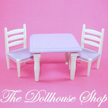 Fisher Price Loving Family Dollhouse White Purple Dining Table 2 chairs kitchen-Toys & Hobbies:Preschool Toys & Pretend Play:Fisher-Price:1963-Now:Dollhouses-Fisher-Price-Dining Room,Dollhouse,Fisher Price,Kitchen,Loving Family,Tables,Used-Fisher Price Loving Family Dollhouse purple & white dining table with 2 chairs. Perfect for pretend play! Find it now at The Dollhouse Shop!-The Dollhouse Shop